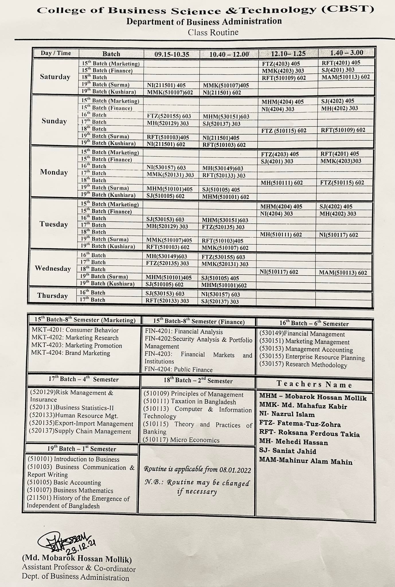 Class Routine BBA