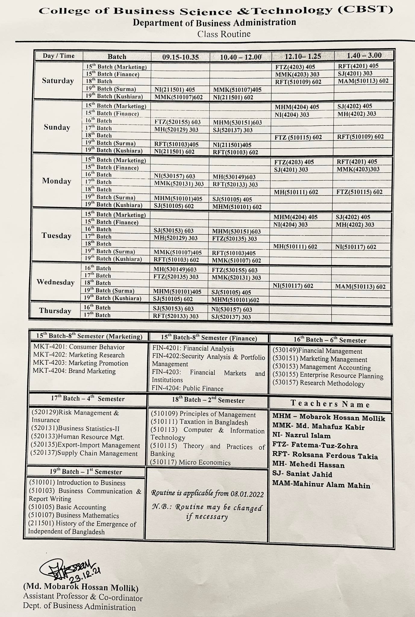 Class Routine BBA