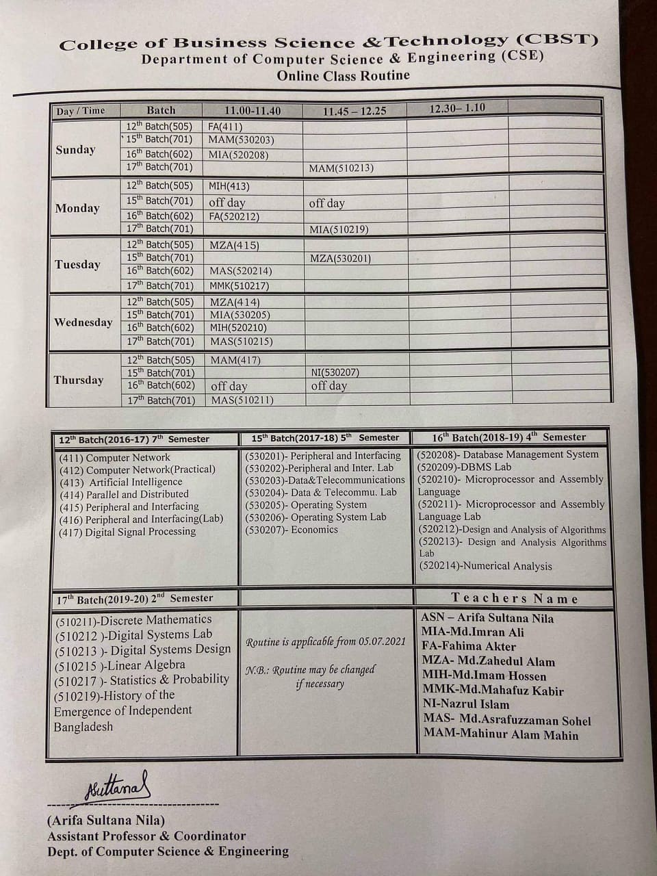 Class Routine CSE